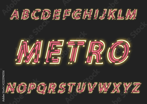 Neon uppercase slanted alphabet made of double intermittent luminous contour.