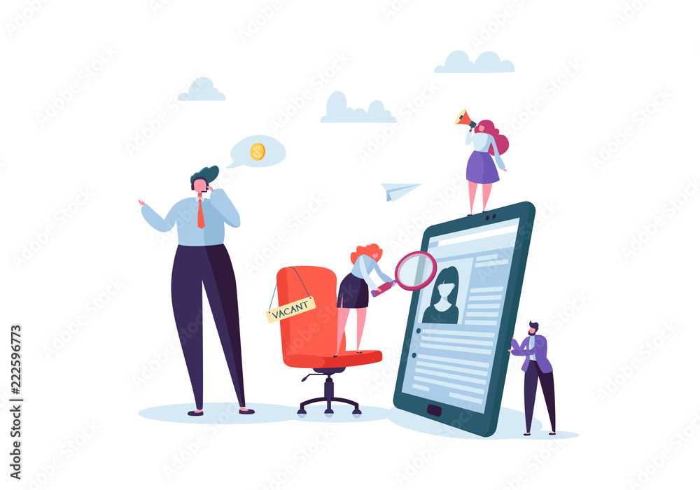 Business People Hiring New Staff. Office chair with vacancy sign. Head Hunters. Flat Characters are Examining a Resume. Recruitment Agency. Vector illustration Business People Hiring New Staff. Office chair with vacancy sign. Head Hunters. Flat Characters are Examining a Resume. Recruitment Agency. Vector illustration