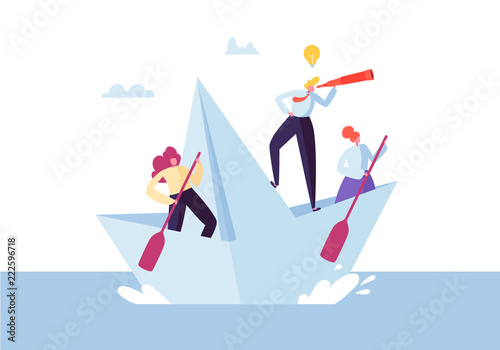 Business People Floating on a Paper Ship. Flat Characters with Spyglass Sailing on Boats. Team Work and Leadership Concept. Vector illustration
