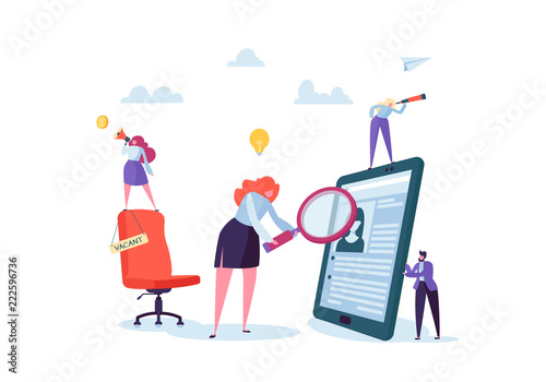 Business People Hiring New Staff. Office chair with vacancy sign. Head Hunters. Flat Characters are Examining a Resume. Recruitment Agency. Vector illustration