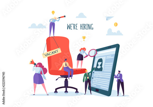 Business People Hiring New Staff. Office chair with vacancy sign. Head Hunters. Flat Characters are Examining a Resume. Recruitment Agency. Vector illustration