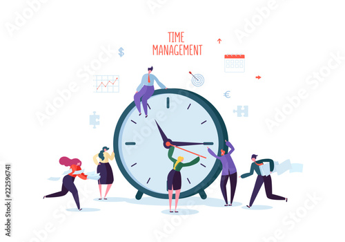 Time Management Concept. Flat Characters Organization Process. Business People Working Together Team Work. Vector illustration