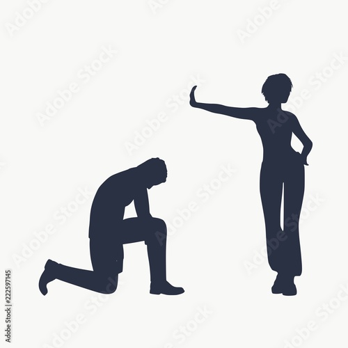 Silhouette of man in prayer pose. Man asking woman to marry or forgive him. A young woman holding her hand in front to show stop gesture