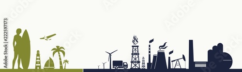Industrial and tropical recreation relative silhouettes. Woman posing with surfboard,cruise ship, palm and lifeguard tower. Ecology concept