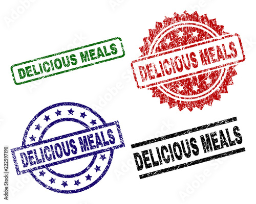 DELICIOUS MEALS seal prints with corroded style. Black, green,red,blue vector rubber prints of DELICIOUS MEALS tag with unclean style. Rubber seals with round, rectangle, medal shapes.