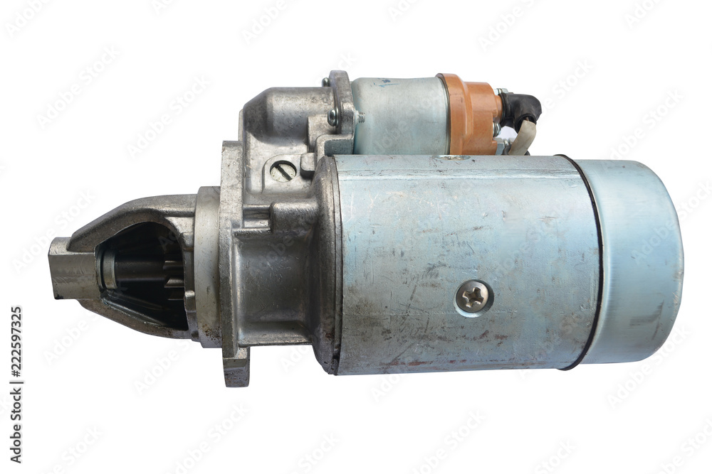 Starter for a car with solenoid isolated on white background Starter for a car with solenoid isolated on white background