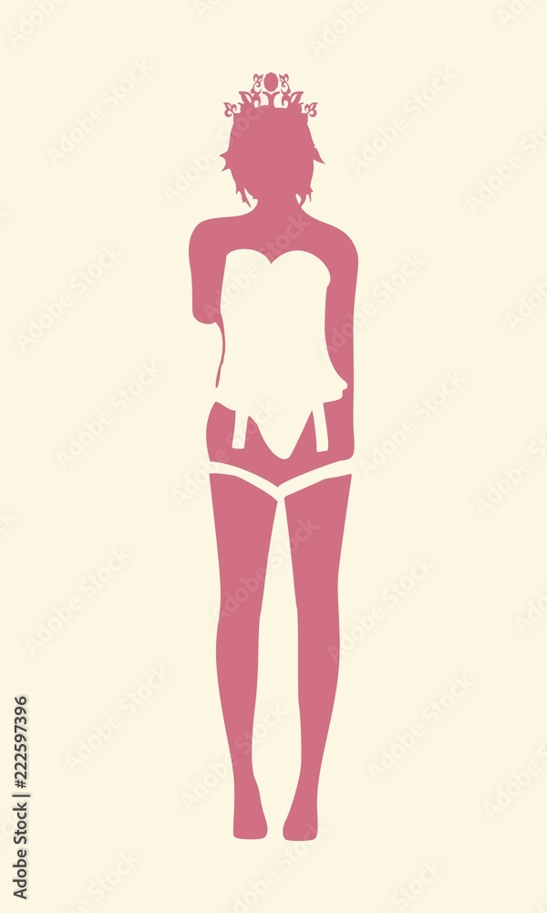 Beautiful sexy fitness girl. Pretty woman wearing corset and crown. Lady rise her hand to the head. Front view. Beautiful sexy fitness girl. Pretty woman wearing corset and crown. Lady rise her hand to the head. Front view.