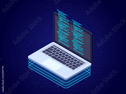 Software and programming. Program code on laptop screen in flat isometric illustration.