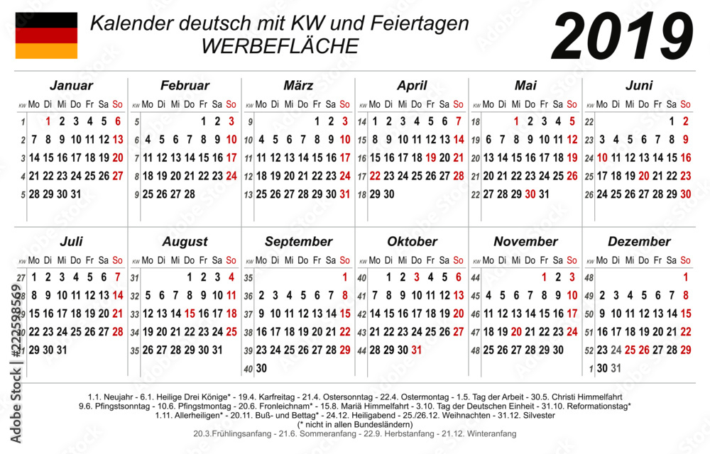 Kalender 2019 - neutral weiß - quer - deutsch - mit Feiertagen Stock Vector  | Adobe Stock