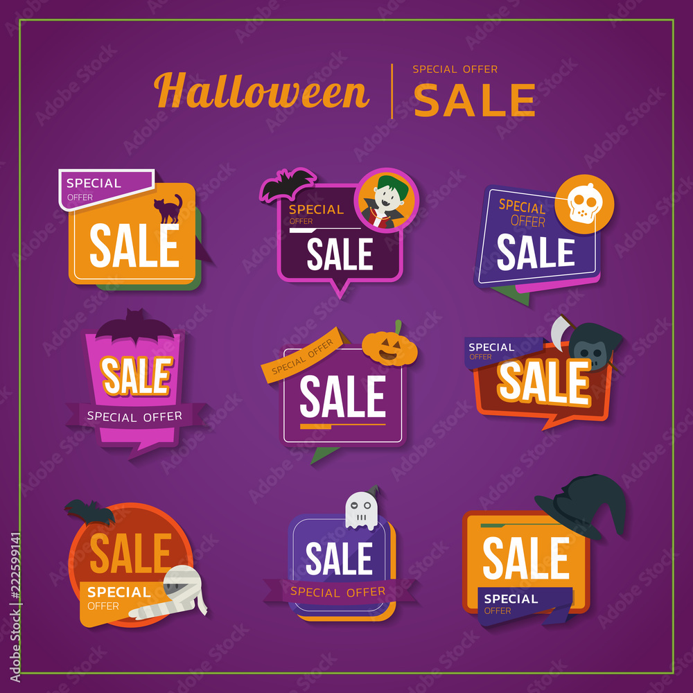 The colorful Halloween theme sticker special sale set design.Badges and labels Ribbons, flat icon elements vector Illustration.