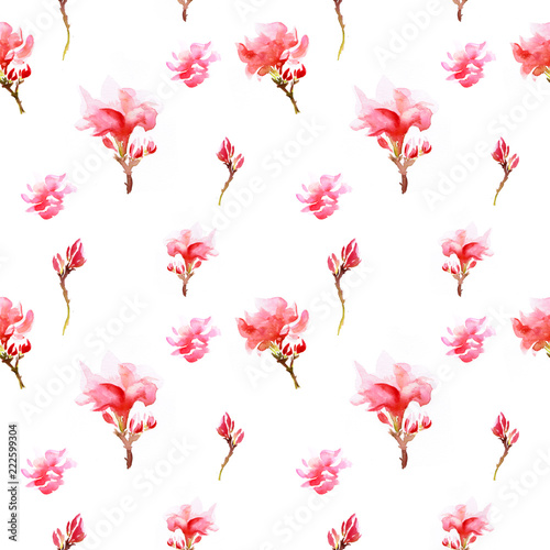 Seamless watercolor ornament of watercolor branches of pink rhododendron on a white background. Summer airy and romantic pattern in pastel colors.