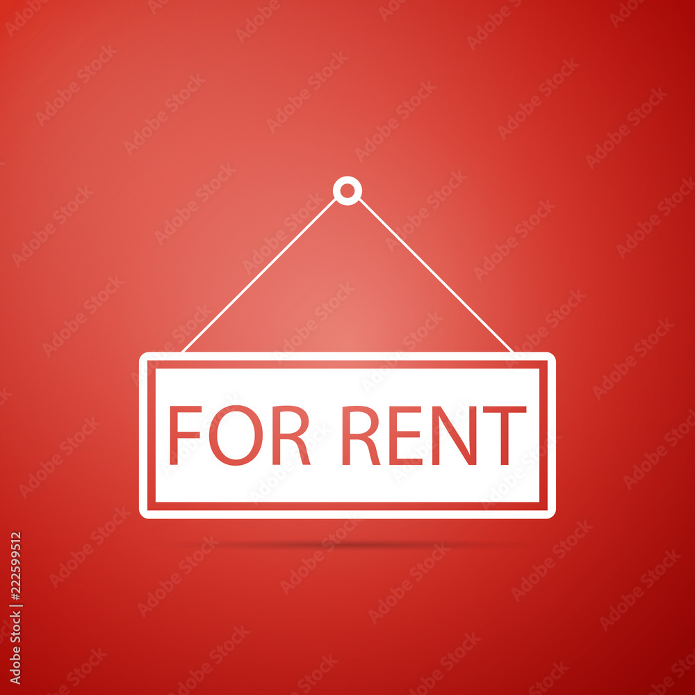 Hanging sign with text For rent icon isolated on red background. Flat design. Vector Illustration Hanging sign with text For rent icon isolated on red background. Flat design. Vector Illustration
