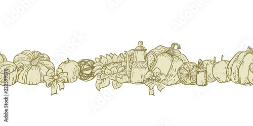 Seamless decorative line with background in vector with household things for autumn harvest seaso