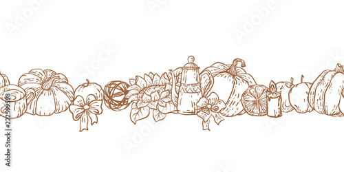 Seamless decorative line without background in vector with household things for autumn harvest season