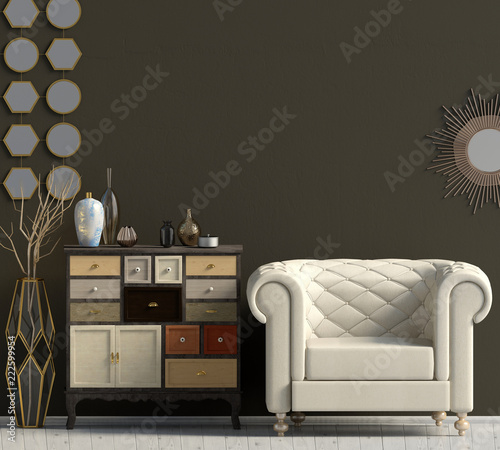Modern interior with dresser and chair. 3d illustration.