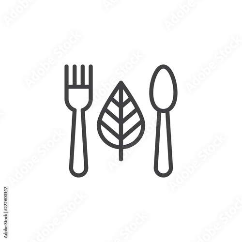 Organic food outline icon. linear style sign for mobile concept and web design. Fork spoon and leaf food simple line vector icon. Symbol, logo illustration. Pixel perfect vector graphics