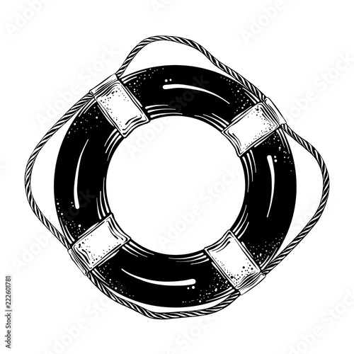 Hand drawn sketch of lifebuoy in black isolated on white background. Detailed vintage style drawing. Vector illustration