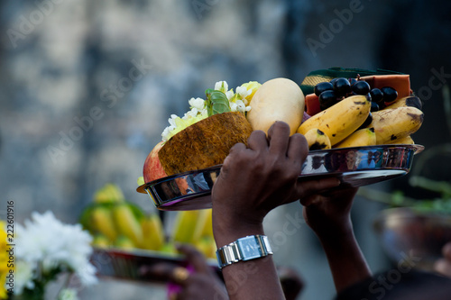 Indian devotee prepare flowers and fruits for Thaipusam festival in Penang, Malaysia photo