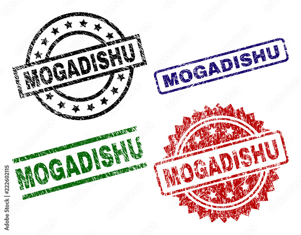 MOGADISHU seal prints with corroded surface. Black, green,red,blue