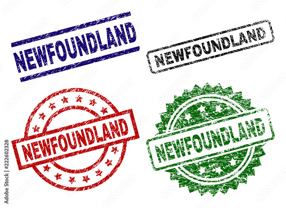 NEWFOUNDLAND seal prints with distress texture. Black, green,red,blue vector rubber prints of NEWFOUNDLAND caption with corroded texture. Rubber seals with round, rectangle, medallion shapes. NEWFOUNDLAND seal prints with distress texture. Black, green,red,blue vector rubber prints of NEWFOUNDLAND caption with corroded texture. Rubber seals with round, rectangle, medallion shapes.