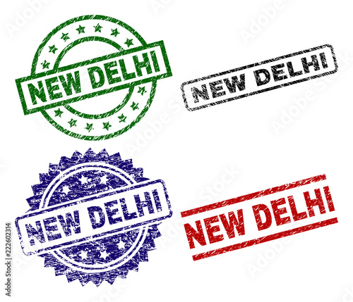 NEW DELHI seal stamps with distress surface. Black, green,red,blue vector rubber prints of NEW DELHI text with retro surface. Rubber seals with round, rectangle, medal shapes.