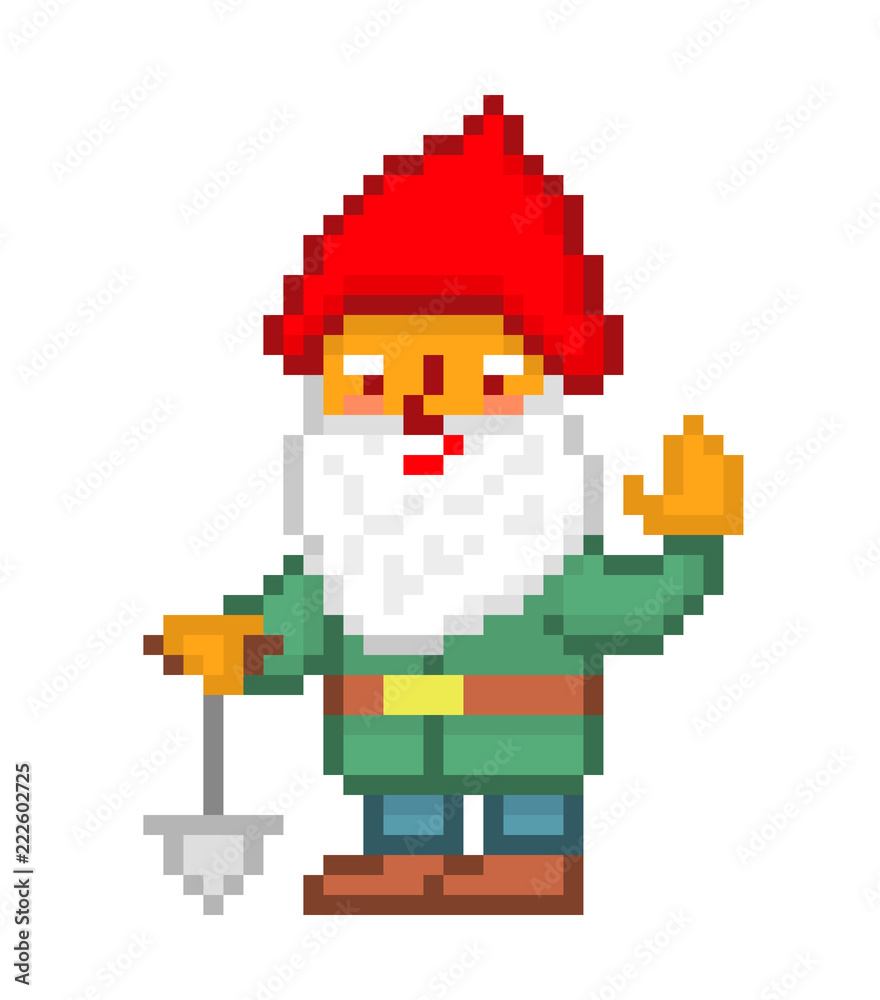 Little bearded gnome in a red pointy hat, green jacket and blue pants with a shovel waving, pixel art isolated on white. Lawn ornament. Fairy tale character. 8 bit dwarf logo. Leprechaun mascot. Little bearded gnome in a red pointy hat, green jacket and blue pants with a shovel waving, pixel art isolated on white. Lawn ornament. Fairy tale character. 8 bit dwarf logo. Leprechaun mascot.