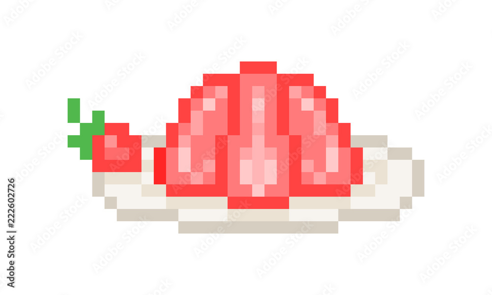 Red strawberry jelly served on a plate, pixel art illustration isolated on white background. Fresh homemade berry dessert. Wedding/birthday party treat. Cafe/restaurant menu sticker.