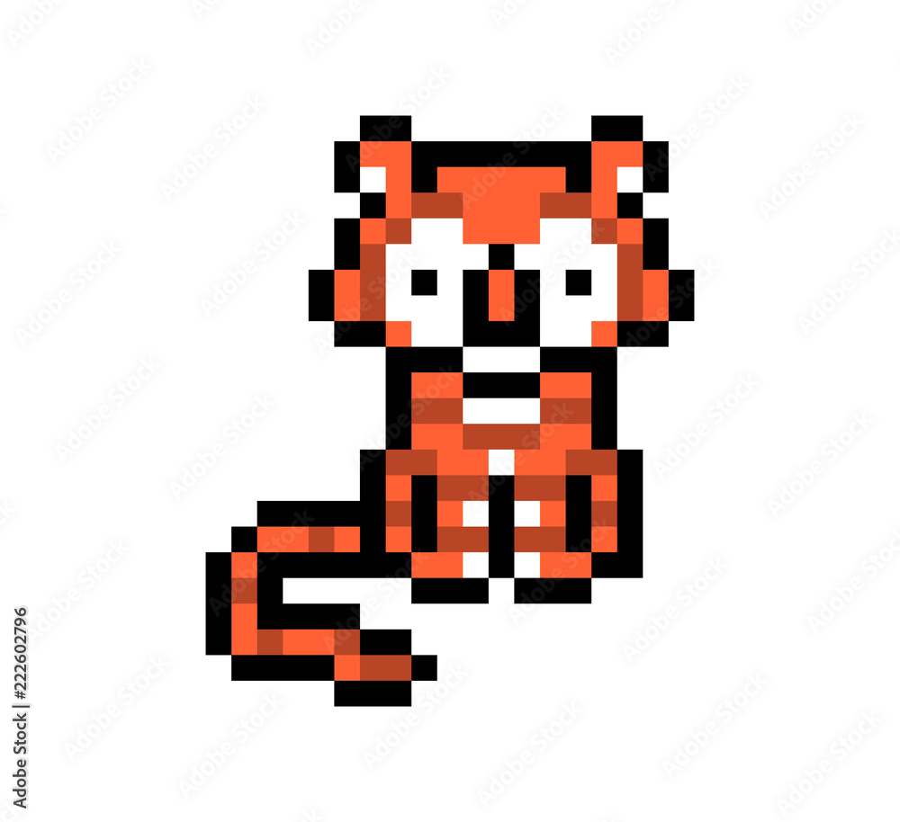 Pixel art tiger character isolated on white background. Wildlife/zoo/jungle animal icon. Cute 8 bit logo. Retro vintage 80s; 90s slot machine/video game graphics.