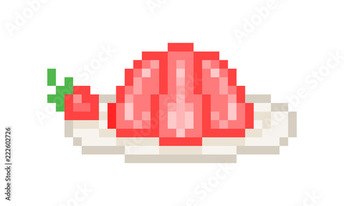 Red strawberry jelly served on a plate  pixel art illustration isolated on white background. Fresh homemade berry dessert. Wedding birthday party treat. Cafe restaurant menu sticker.