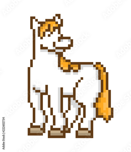 Pixel art white horse isolated on white background. Domestic/ farm animal icon. Cute 8 bit pony logo. Retro vintage 80s; 90s slot machine/video game graphics.