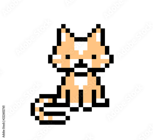 Pixel art cat isolated on white background. Domesitc animal icon. Cute 8  bit logo. Retro vintage 80s; 90s slot machine/video game graphics. Friendly  pet mascot. Adorable red kitten emblem. Stock Vector