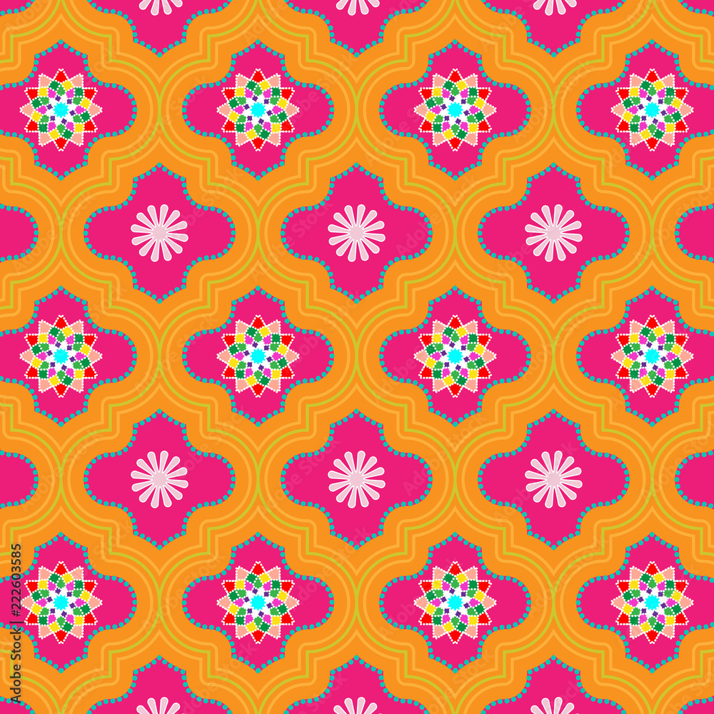 Vibrant pink and orange decorated Moroccan seamless pattern with floral designs for textile, fabric, backgrounds, decoration, wallpaper, backdrop & templates. pattern swatch included at eps.file