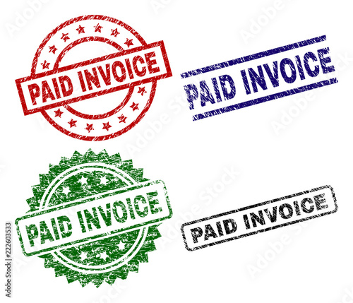 PAID INVOICE seal imprints with distress surface. Black, green,red,blue vector rubber prints of PAID INVOICE text with scratched surface. Rubber seals with round, rectangle, medal shapes.