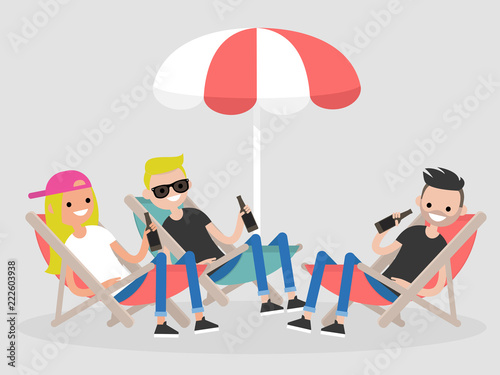 Garden party. Hanging out with friends. Young people seating in a chaise lounges. Outdoor leisure. Flat editable vector illustration  clip art