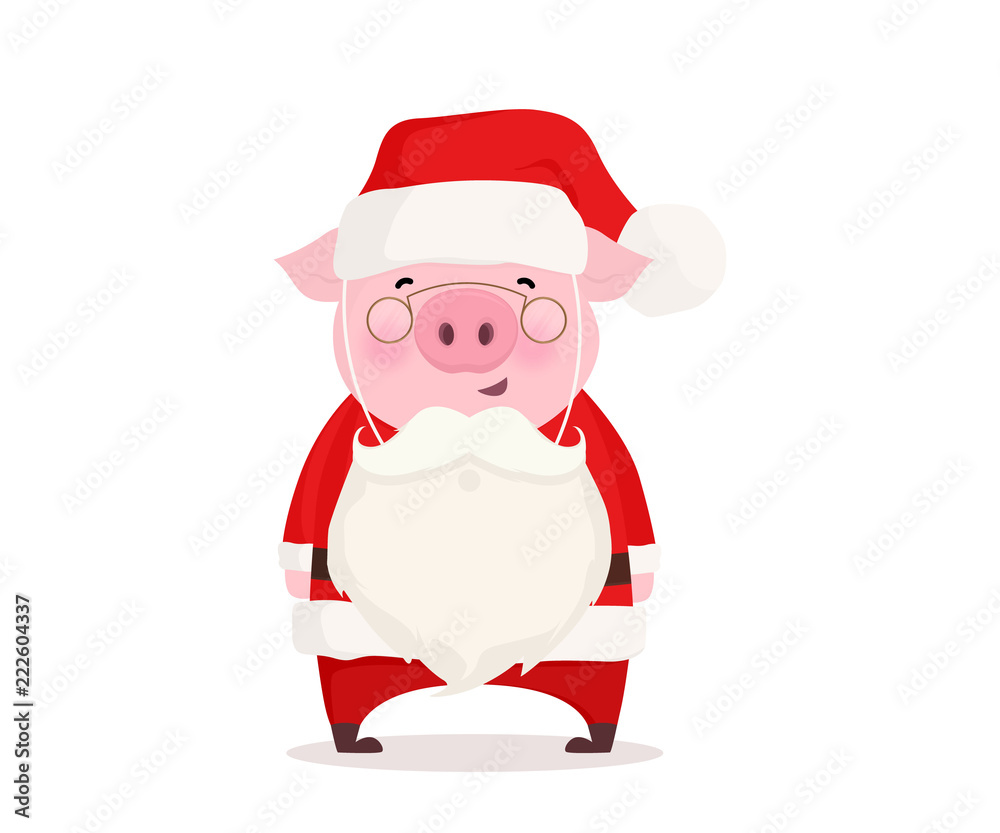 Christmas illustration. Pig dressed in Santa Claus costume. Flat vector design. Christmas illustration. Pig dressed in Santa Claus costume. Flat vector design.