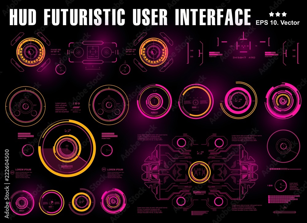 Futuristic virtual graphic touch user interface, target, hud dashboard display virtual reality technology