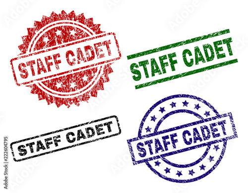 STAFF CADET seal prints with corroded style. Black, green,red,blue vector rubber prints of STAFF CADET caption with retro style. Rubber seals with round, rectangle, medal shapes.