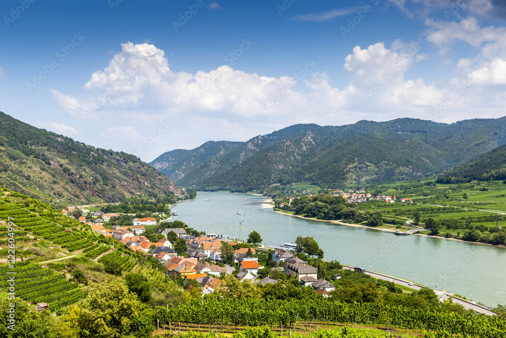 Fototapeta premium Spitz, Austria, View to Danube river from ruins of Hinterhaus castle.