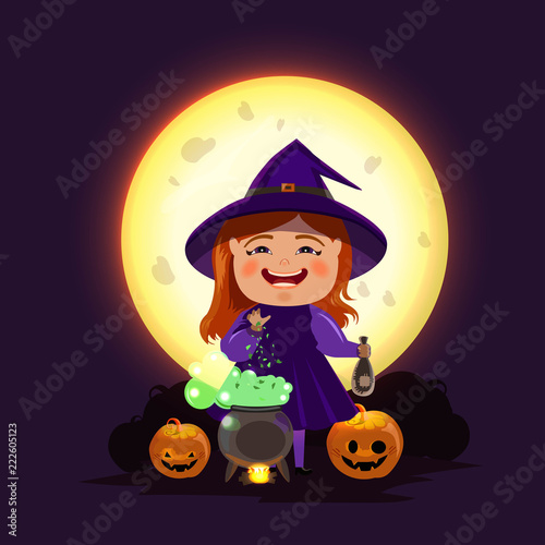 The witch is making a potion in a pot for Halloween. 