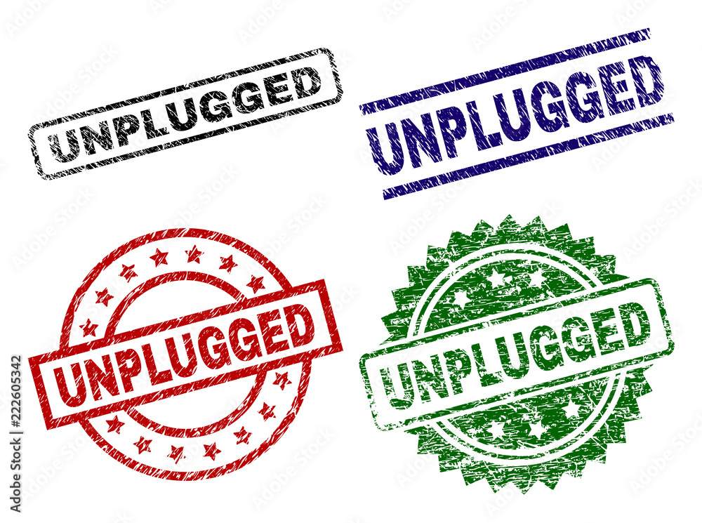 UNPLUGGED seal stamps with corroded texture. Black, green,red,blue vector rubber prints of UNPLUGGED caption with corroded style. Rubber seals with round, rectangle, medal shapes. UNPLUGGED seal stamps with corroded texture. Black, green,red,blue vector rubber prints of UNPLUGGED caption with corroded style. Rubber seals with round, rectangle, medal shapes.