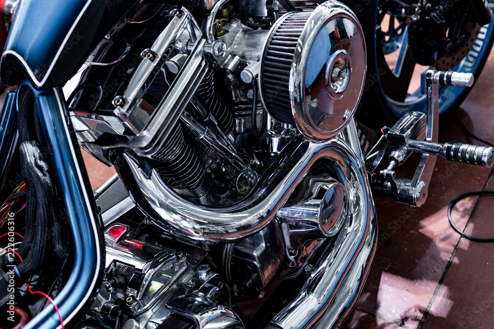 Engine close up shot of beautiful and custom made motorcycle Engine close up shot of beautiful and custom made motorcycle