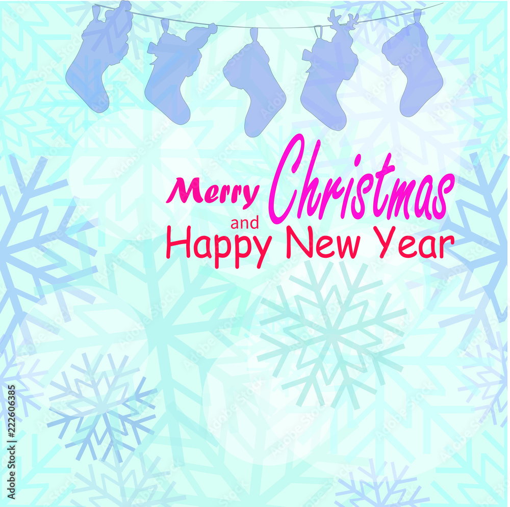 New Year vector greeting card on the background of large snowflakes with a red inscription.