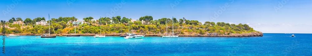 Boats at seaside of Majorca island, Spain Mediterranean Sea, panoramic view