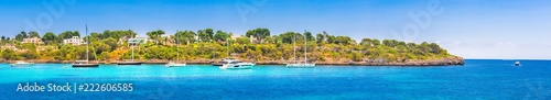 Boats at seaside of Majorca island  Spain Mediterranean Sea  panoramic view