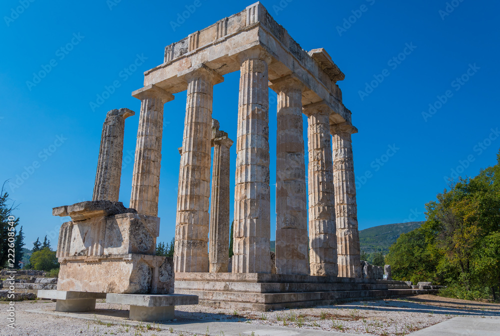 Temple of Zeus at archaeological site of Nemea in Greece. It was built around 330 BC to serve the needs of the Nemian festival and games. It has three architectural styles, doric, ionic and corinthian