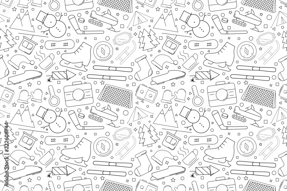 Winter activity background from line icon. Linear vector pattern. Vector illustration