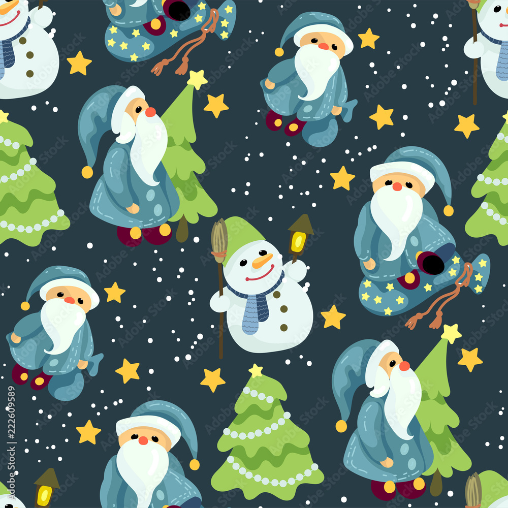 Seamless Christmas pattern in vector graphic with cute Santas and snowmen