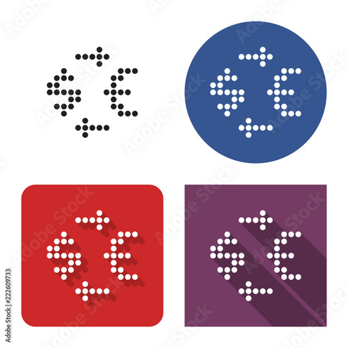 Dotted icon of currency exchange in four variants. Dollar  and euro symbols. With short and long shadow