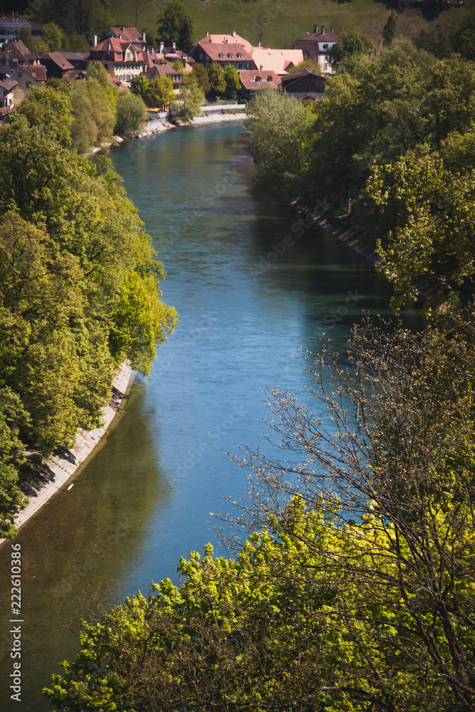 Fototapeta premium Aare River that runs along Bern Switzerland