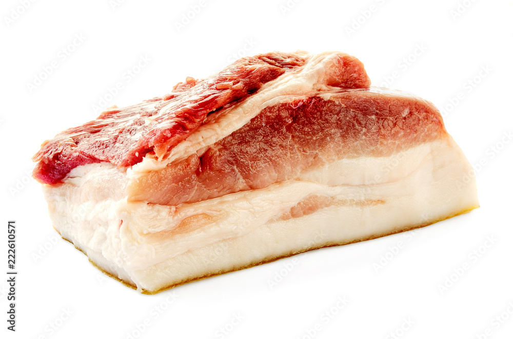 Pork fat, a piece of bacon is isolated on a white background with layers of meat. Piec of raw pork lard isolated on white background.